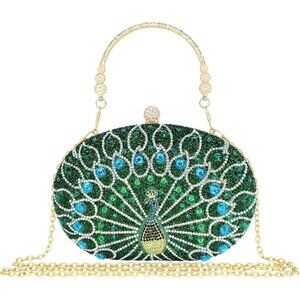 Women's Green Peacock Sparkly Rhinestone Clutch Luxury Diamond Peacock Handbag